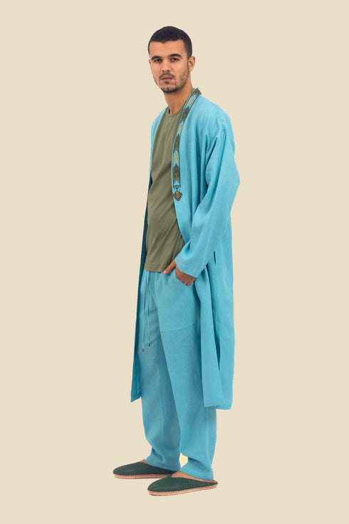 Straight leg linen pants with elastic waistline